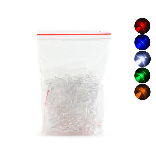100 x F5 Leuchtdiode LED 5mm - sortiert weiss,  rot, gelb, blau, grün