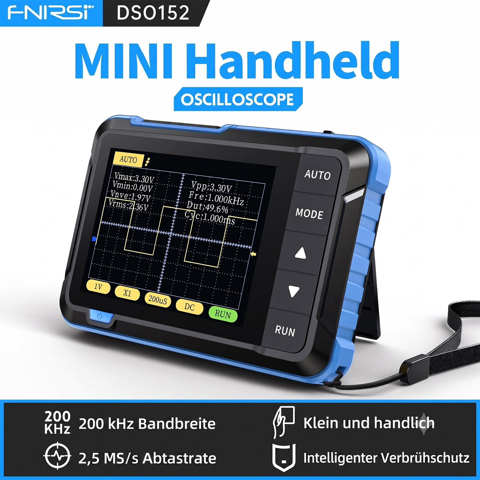 FNIRSI DSO-152 Mini-Oszilloskop – 200 kHz Bandbreite, 2,5 MS/s, tragbares Messgerät mit LCD-Display