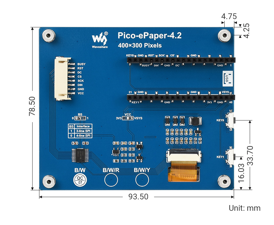 Waveshare 4.2" E-Paper Display Modul für Raspberry Pi Pico, 400×300