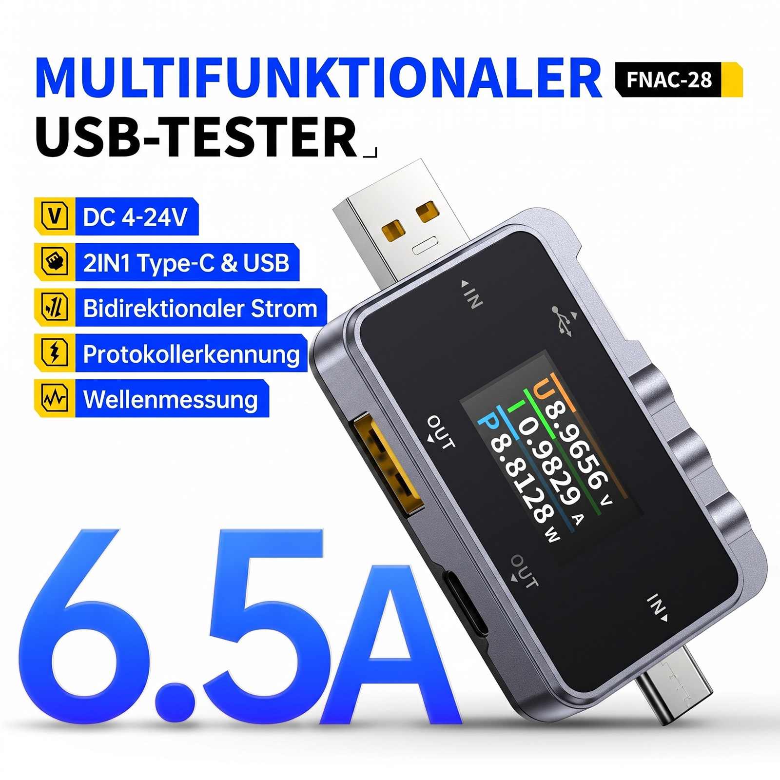 FNIRSI FNAC-28 USB-Tester – 2-in-1 Messgerät für USB-A und USB-C mit TFT-Display