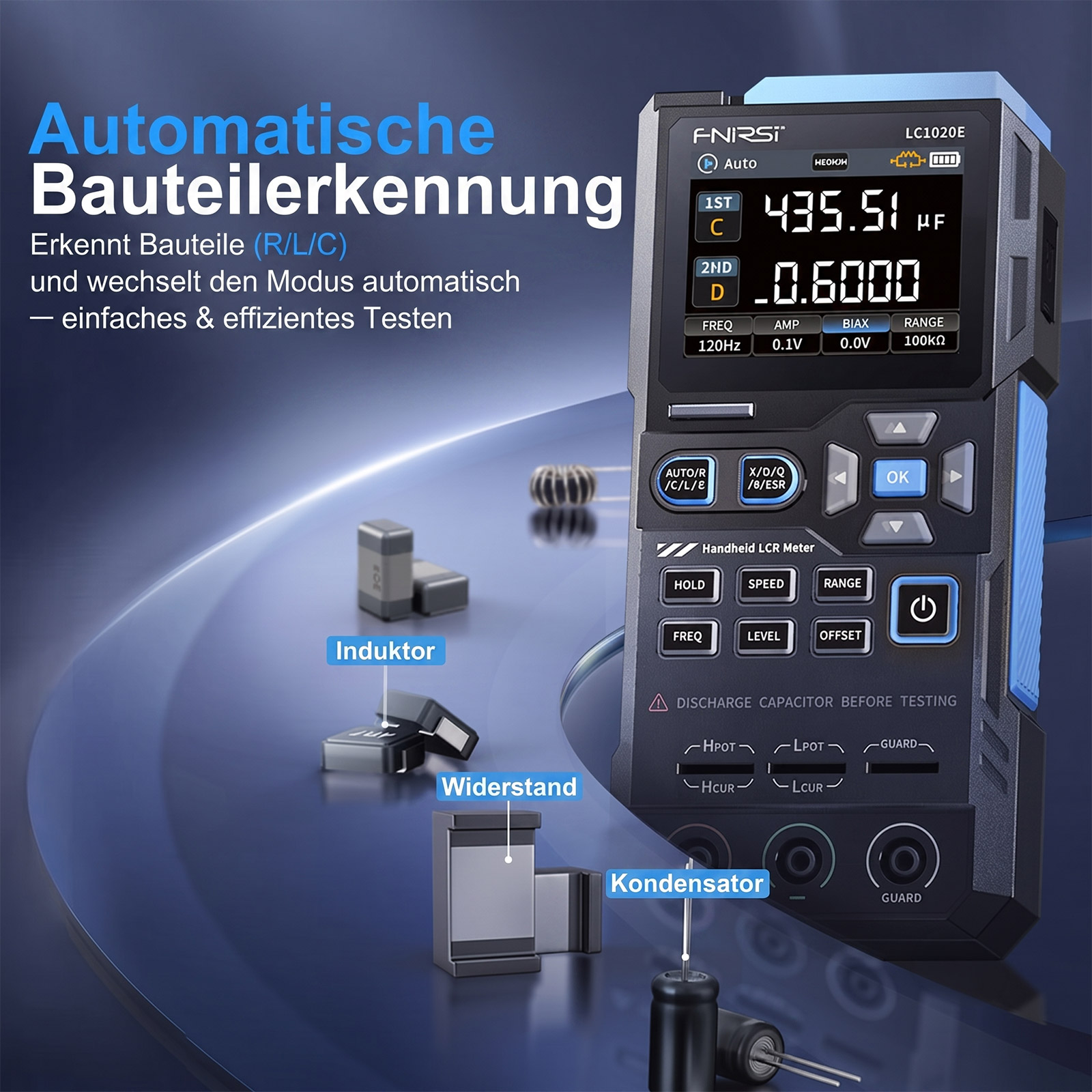 FNIRSI LC1020E Bauteiltester – LCR-Messgerät für Widerstand, Induktivität und Kapazität