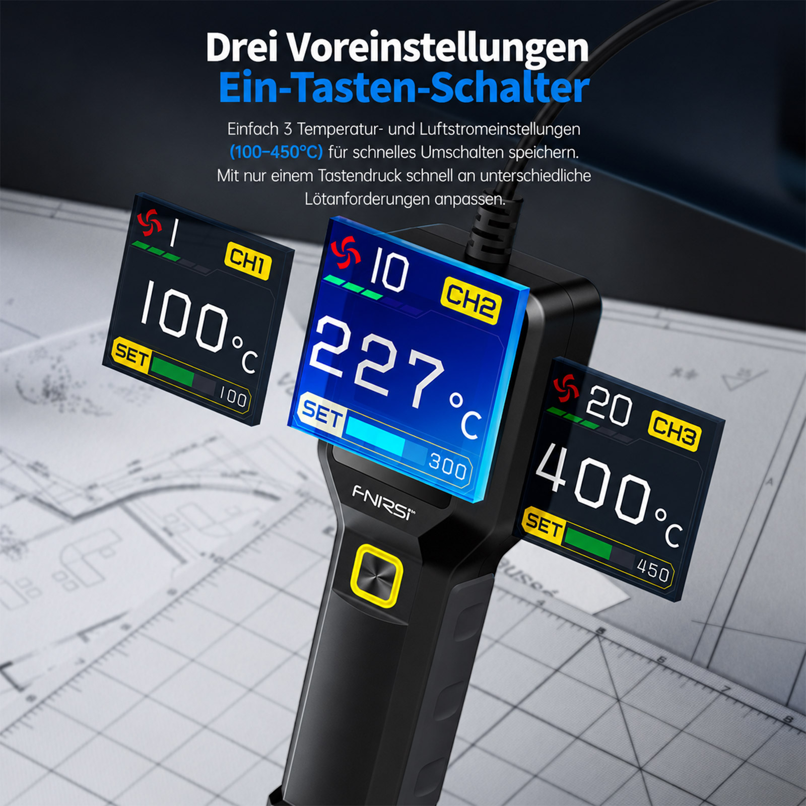 FNIRSI SAG-55 Heißluftlötstation 550W, 80-480°C, Touchdisplay