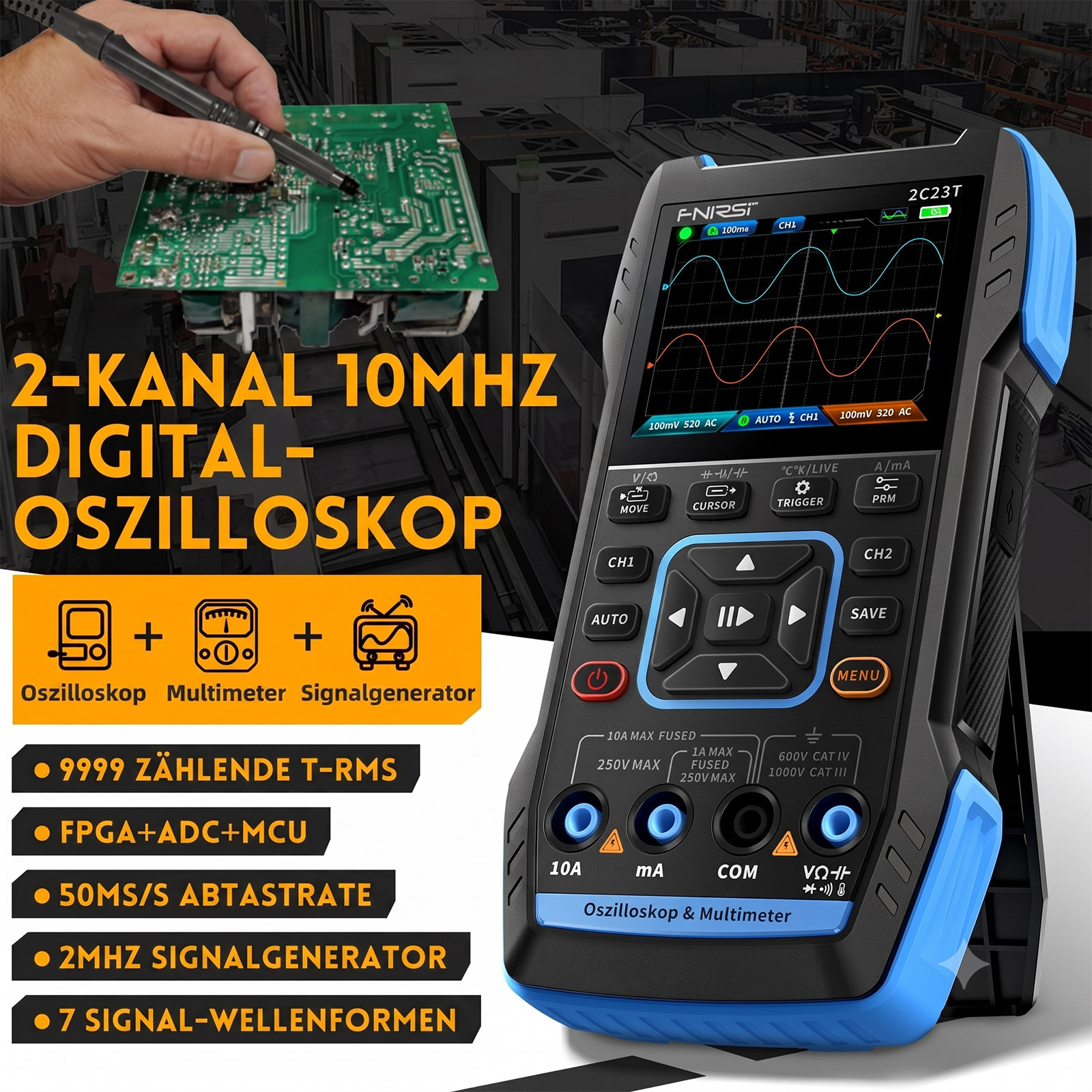 FNIRSI 2C23T – Handheld-Oszilloskop mit Multimeter und Funktionsgenerator (10 MHz, 50 MS/s, 2 Kanäle