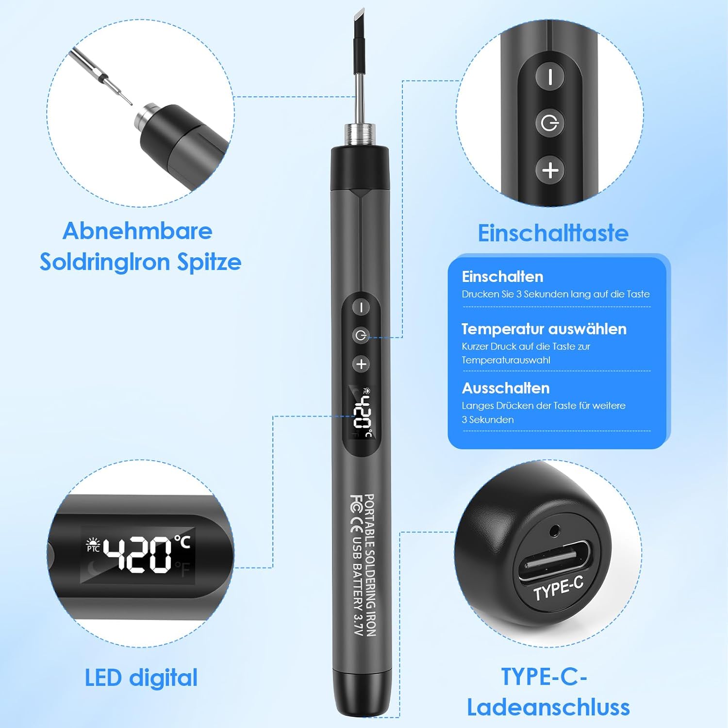 Kabelloses Lötkolben-Set mit LCD & Zubehör – USB-C, 1000 mAh Akku