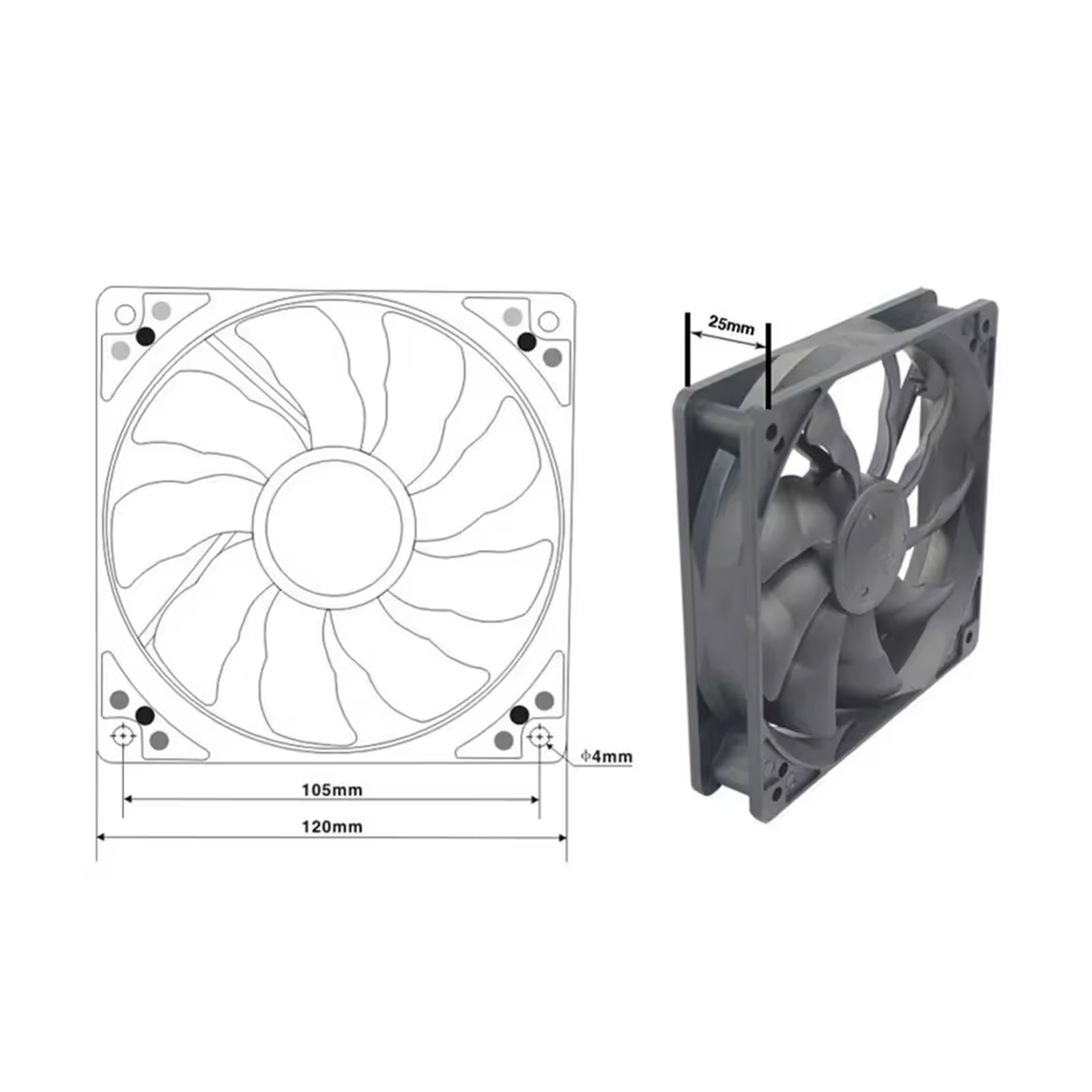 12V Lüfter 120x120x25mm mit PWM-Steuerung 4 Pin