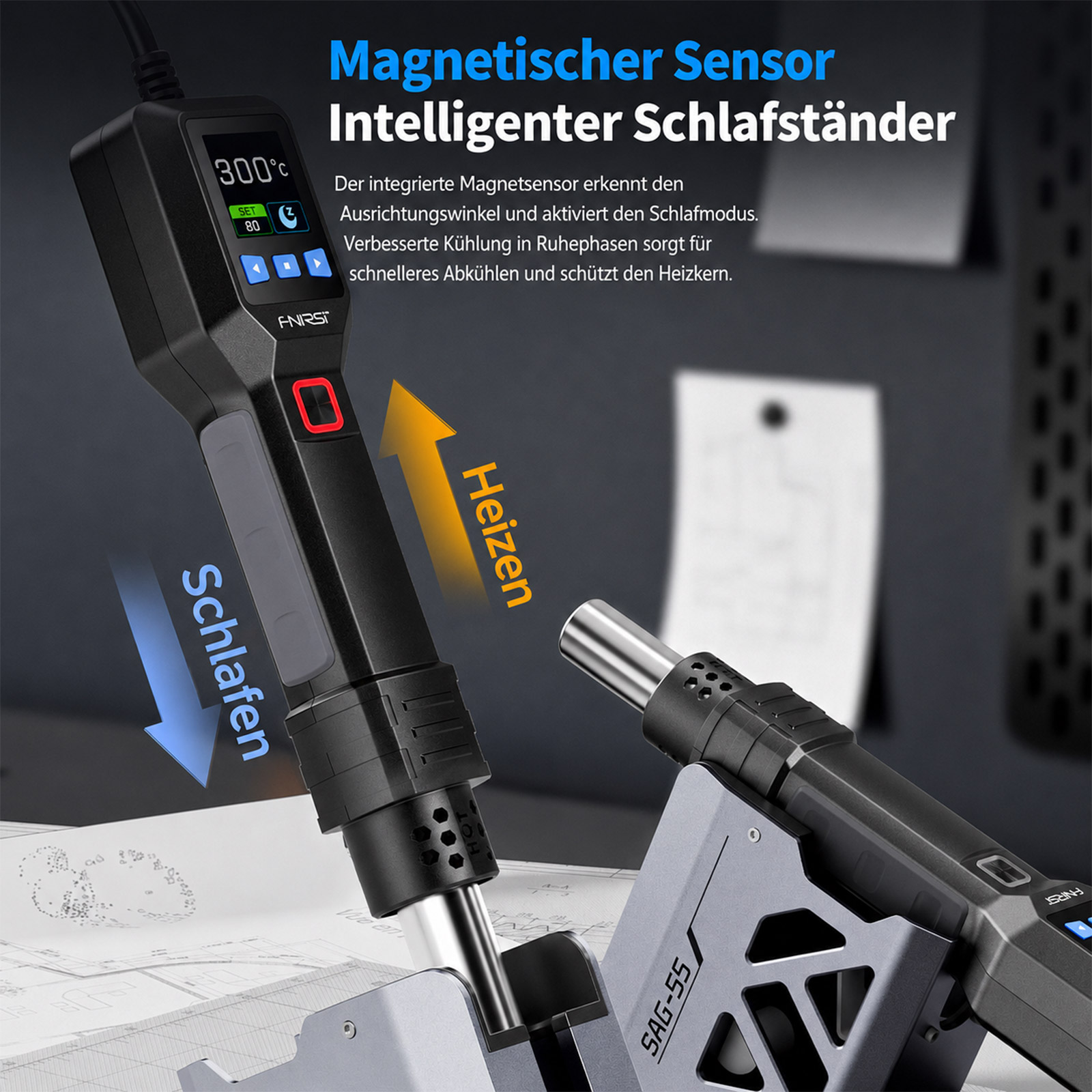 FNIRSI SAG-55 Heißluftlötstation 550W, 80-480°C, Touchdisplay