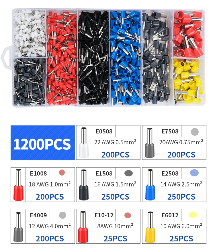 Aderendhülsen Set Sortiment isoliert 1200 Stück Deutsche Farbcodes 0,5mm - 10mm²