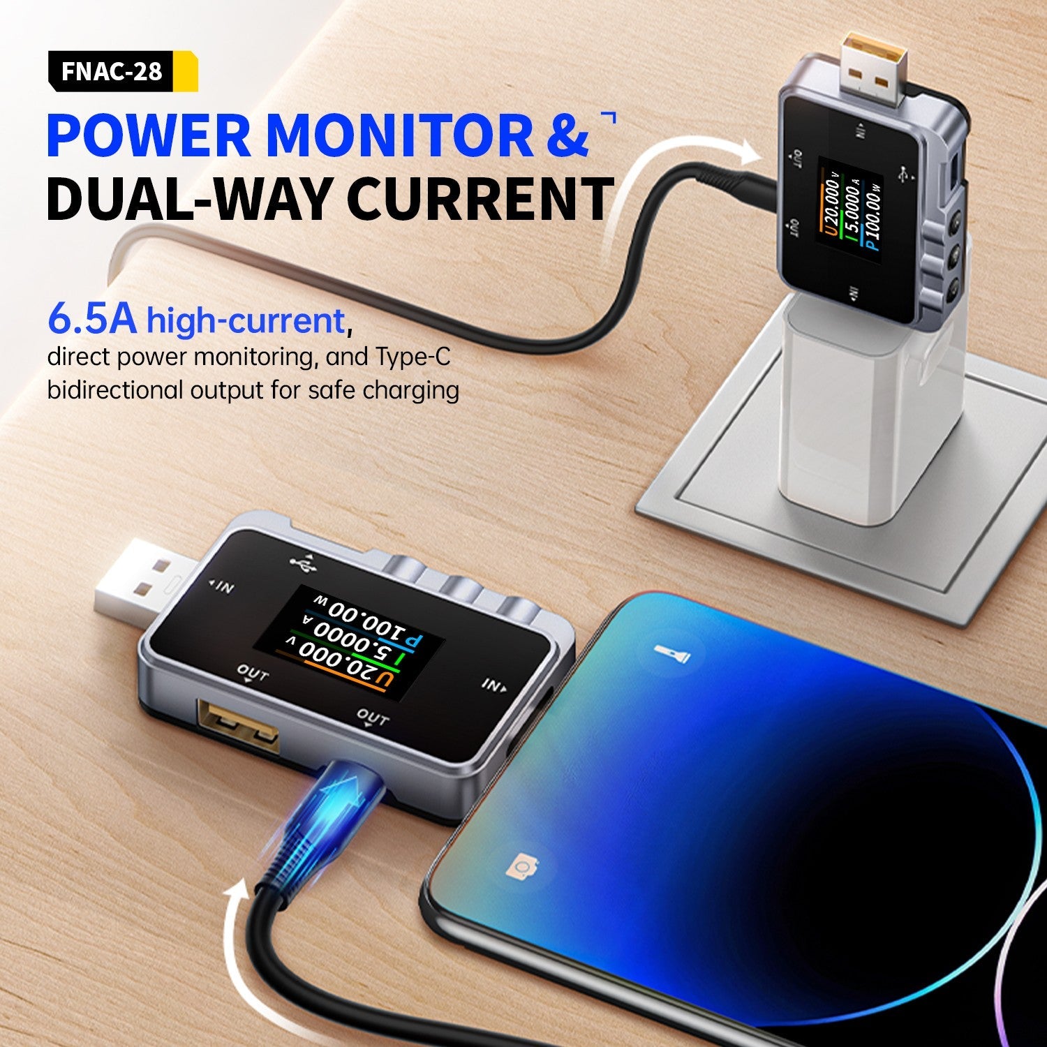 FNIRSI FNAC-28 USB-Tester – 2-in-1 Messgerät für USB-A und USB-C mit TFT-Display