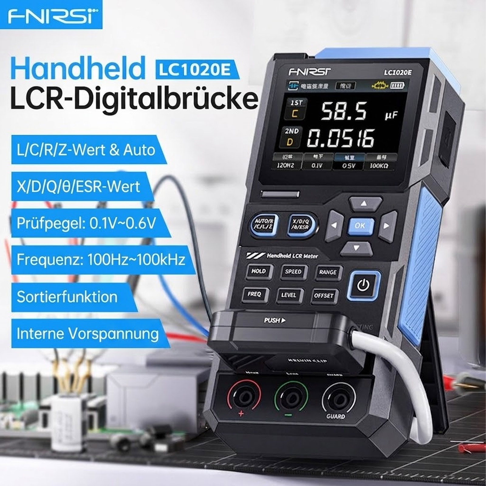 FNIRSI LC1020E Bauteiltester – LCR-Messgerät für Widerstand, Induktivität und Kapazität