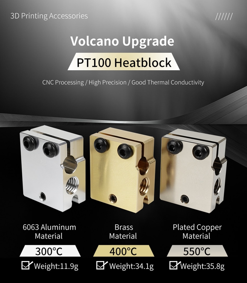 High Flow Heizblock PT100 Volcano kompatibel vernickelt 550°C