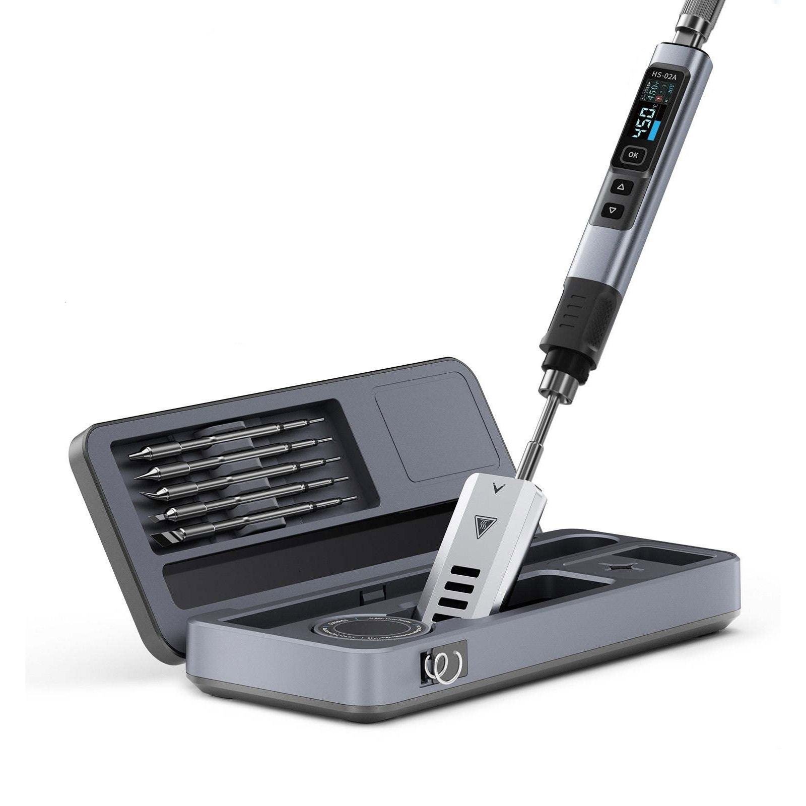 FNIRSI HS-02 Intelligenter Lötkolben mit OLED-Display Set mit Transportbox und 6 Lötspitzen