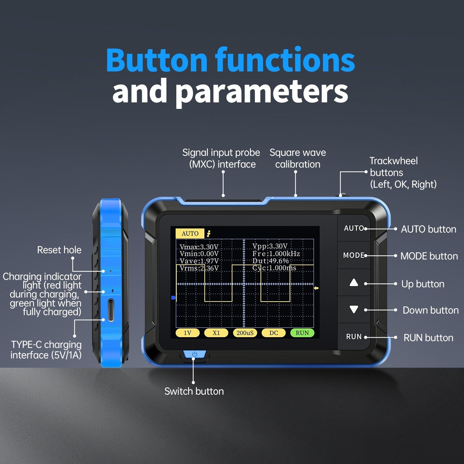 FNIRSI DSO-152 Mini-Oszilloskop – 200 kHz Bandbreite, 2,5 MS/s, tragbares Messgerät mit LCD-Display