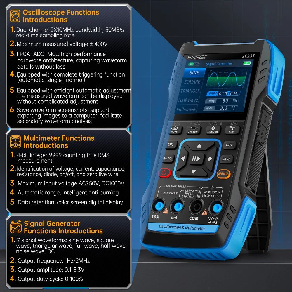 FNIRSI 2C23T – Handheld-Oszilloskop mit Multimeter und Funktionsgenerator (10 MHz, 50 MS/s, 2 Kanäle