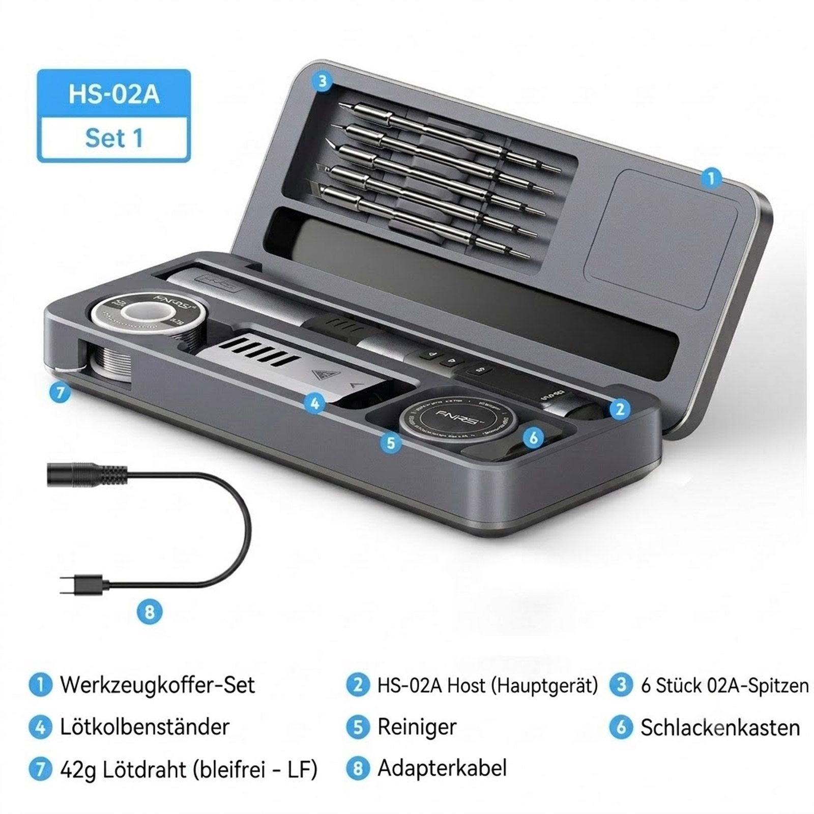FNIRSI HS-02 Intelligenter Lötkolben mit OLED-Display Set mit Transportbox und 6 Lötspitzen