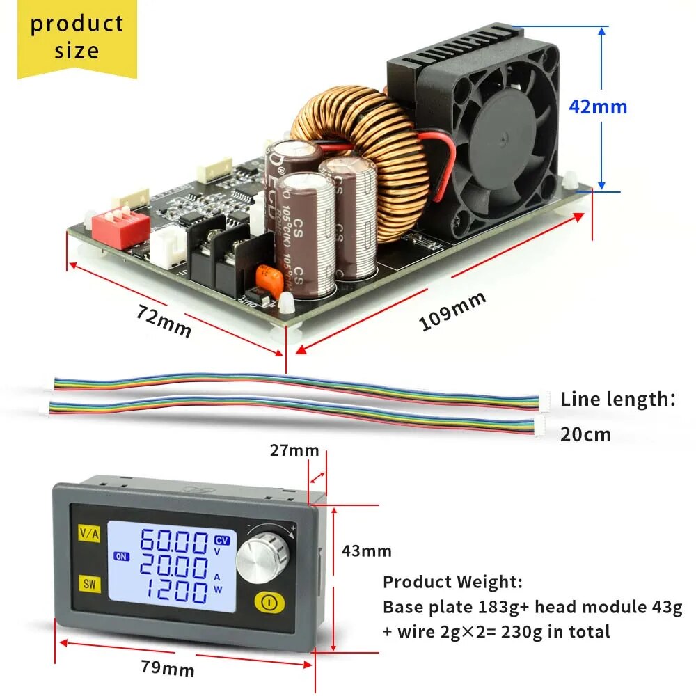 Spannungsregler mit Display DC 6-70V auf 0-60V 20A 1200W CNC XY6020L
