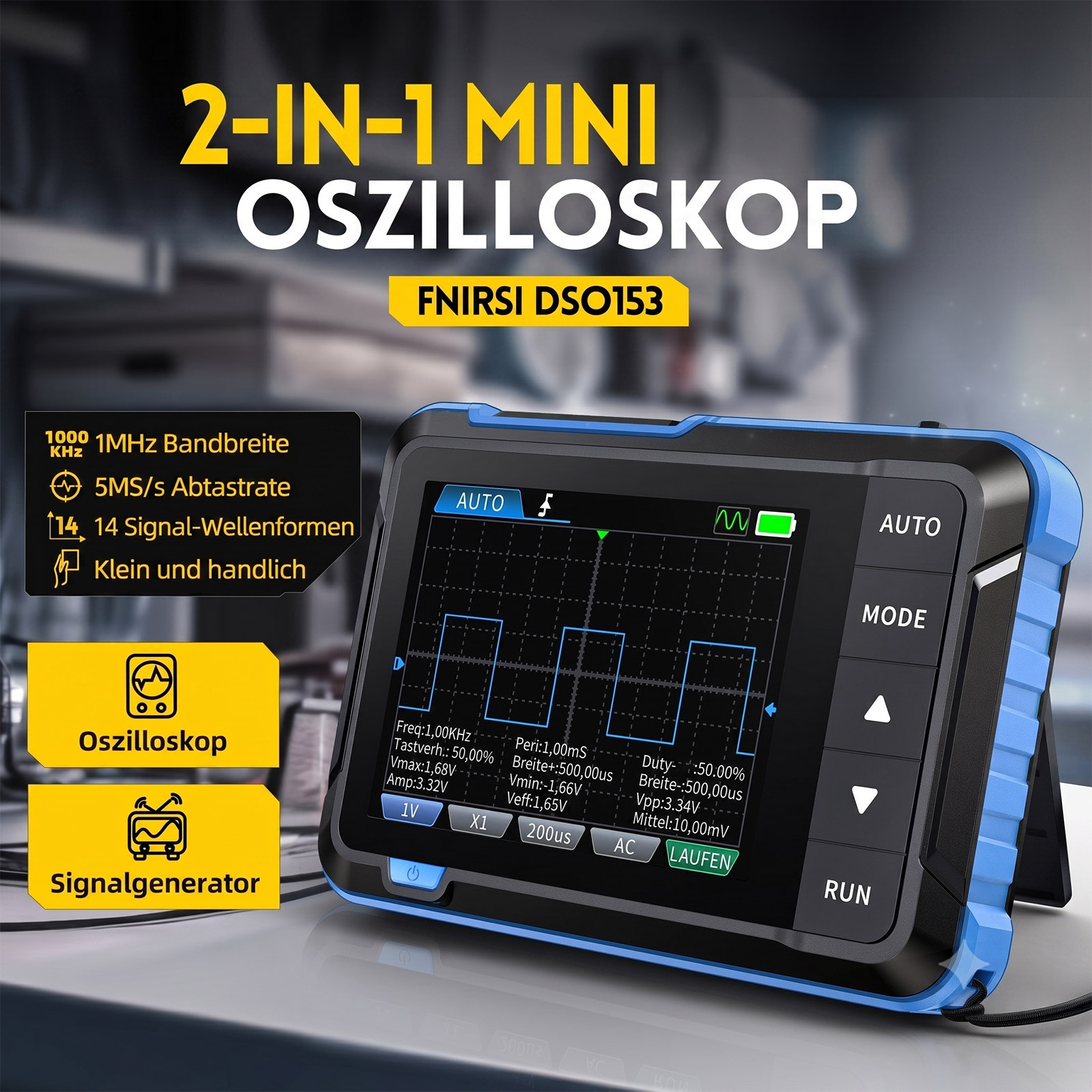 FNIRSI DSO-153 Mini-Oszilloskop mit Signalgenerator – 1 MHz Bandbreite, 5 MS/s, 2,4" Display
