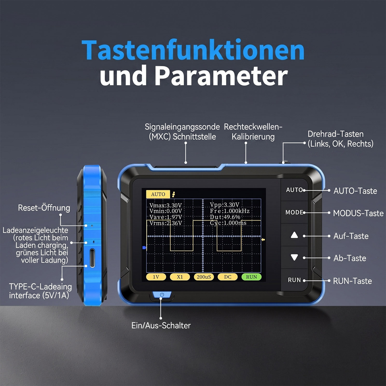 FNIRSI DSO-152 Mini-Oszilloskop – 200 kHz Bandbreite, 2,5 MS/s, tragbares Messgerät mit LCD-Display