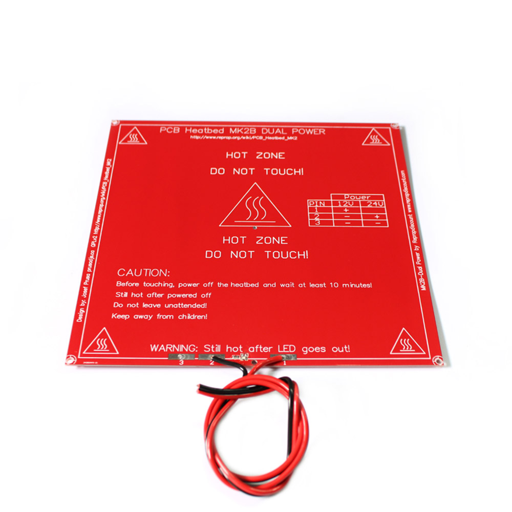 MK2B Heizbett 214x214 mm mit Widerstände, LED und Anschlusskabel