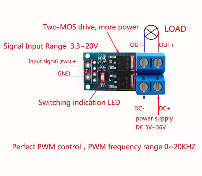 Hochleistungs-MOSFET PWM-Schaltmodul 5–36V 15A 400W DC Treiber für Arduino