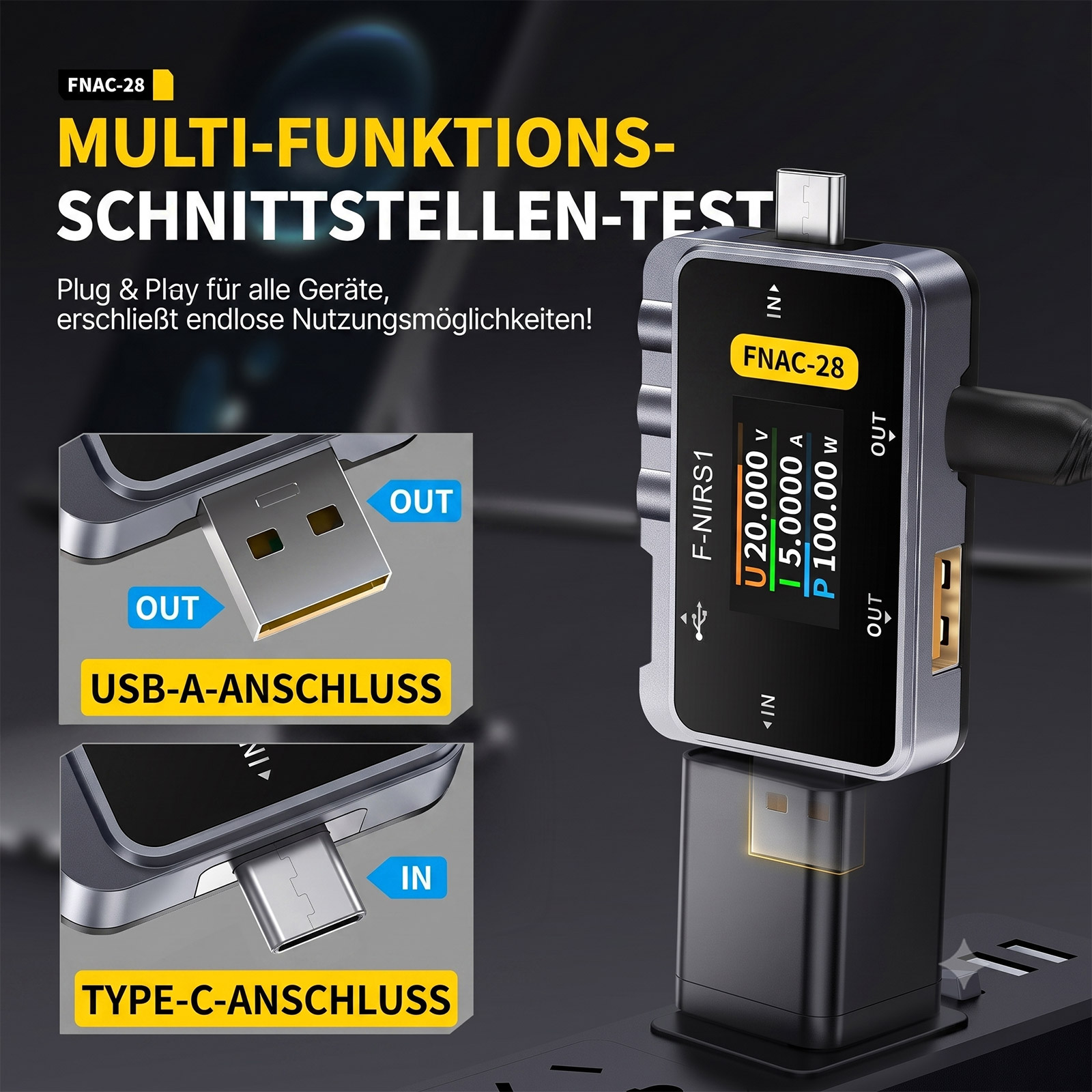 FNIRSI FNAC-28 USB-Tester – 2-in-1 Messgerät für USB-A und USB-C mit TFT-Display