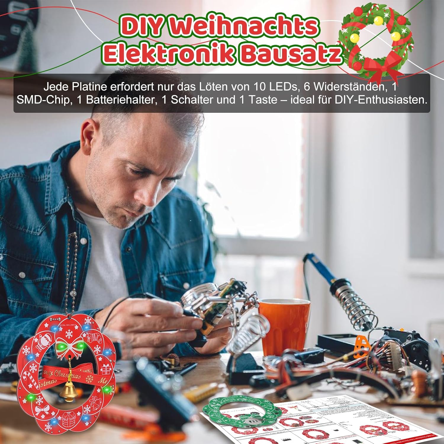 Bausatz Weihnachtsdeko 2-teilig Braum & Kranz mit 3 Lichtmodi