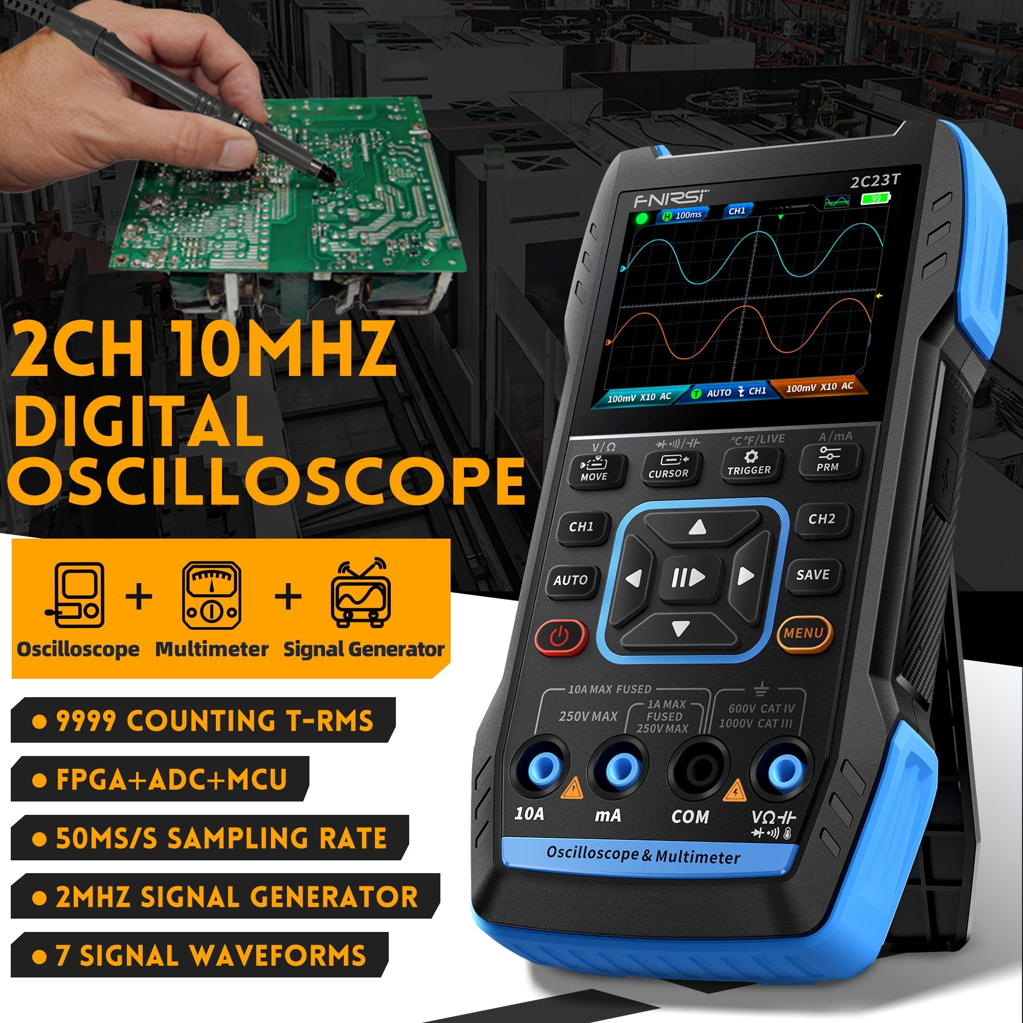 FNIRSI 2C23T – Handheld-Oszilloskop mit Multimeter und Funktionsgenerator (10 MHz, 50 MS/s, 2 Kanäle