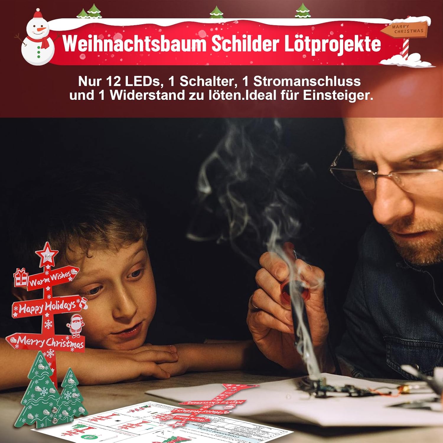 Bausatz Merry Christmas Weihnachtsbaum-Schild mit farbigen LEDs