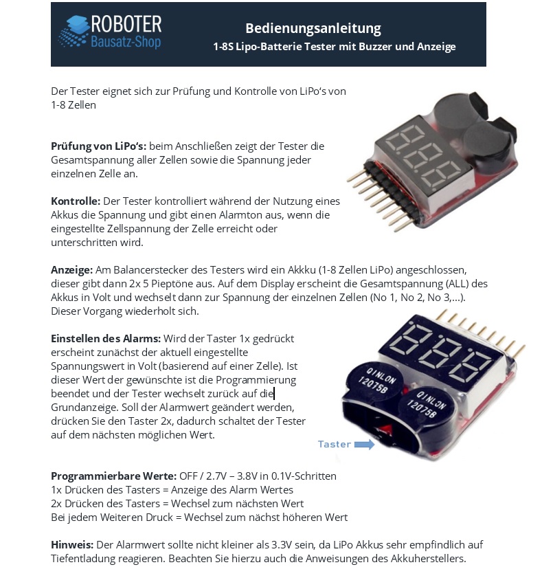 1-8S Lipo-Batterie Tester mit Buzzer und Anzeige