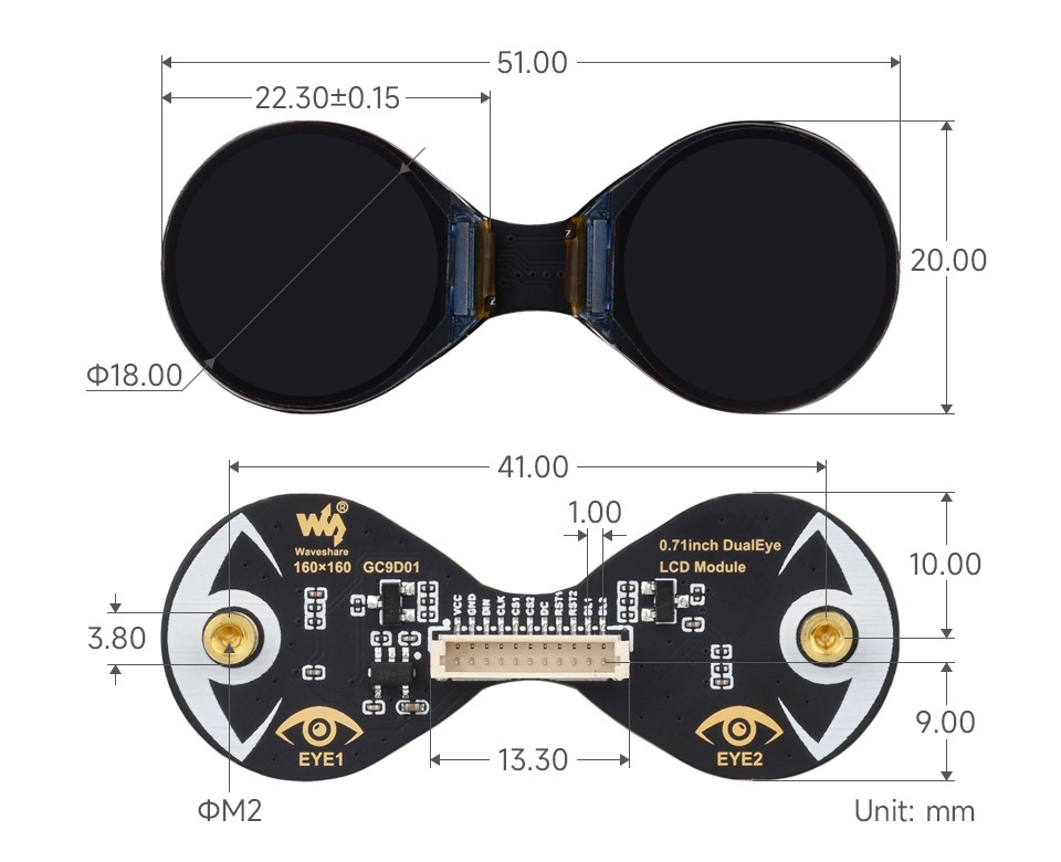 Waveshare 0.71" Dual Eye Display – 2× runde IPS-Displays mit 160×160 px, GC9D01, SPI