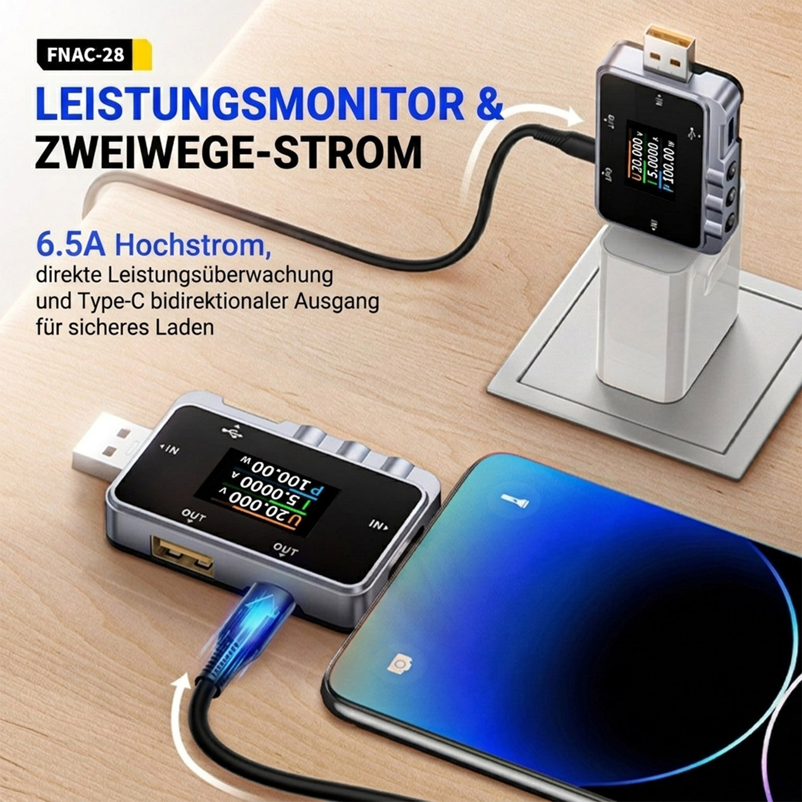 FNIRSI FNAC-28 USB-Tester – 2-in-1 Messgerät für USB-A und USB-C mit TFT-Display