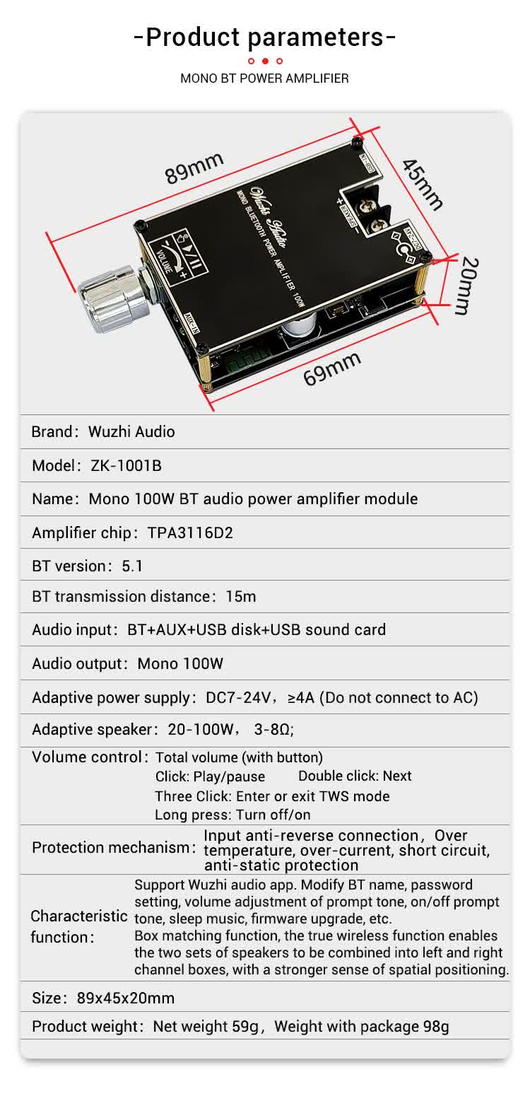 100W Bluetooth Mono Audioverstärker Modul ZK-1001B