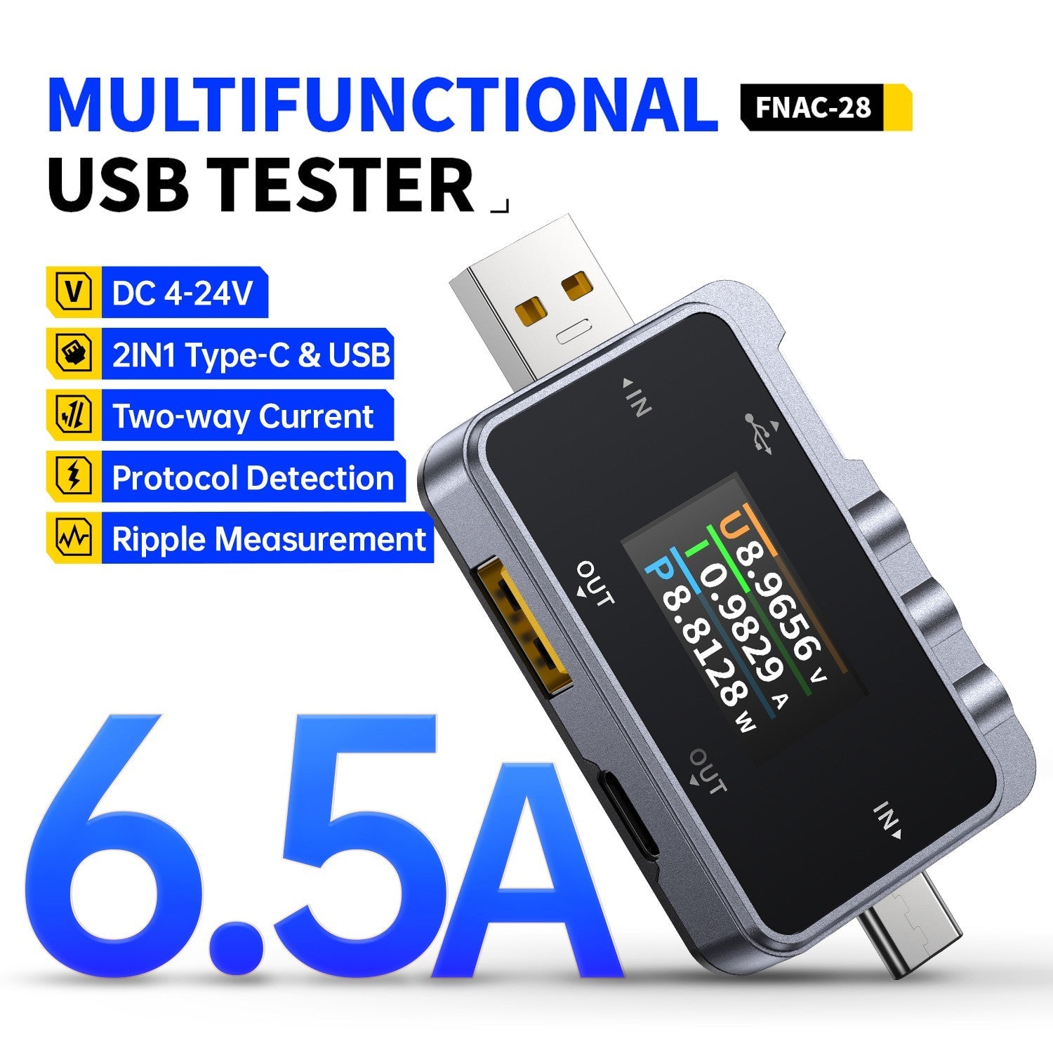 FNIRSI FNAC-28 USB-Tester – 2-in-1 Messgerät für USB-A und USB-C mit TFT-Display