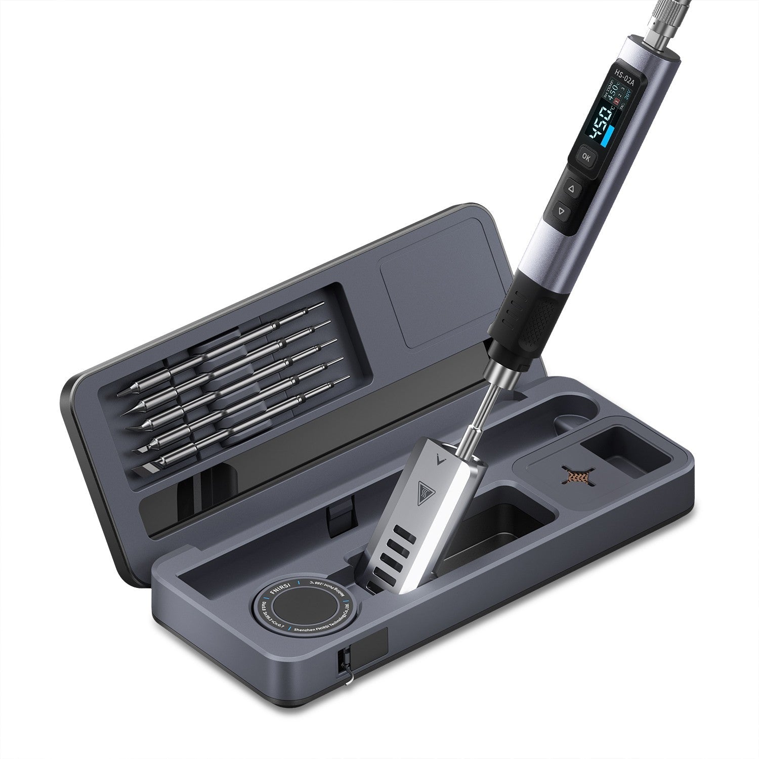 FNIRSI HS-02 Intelligenter Lötkolben mit OLED-Display Set mit Transportbox und 6 Lötspitzen