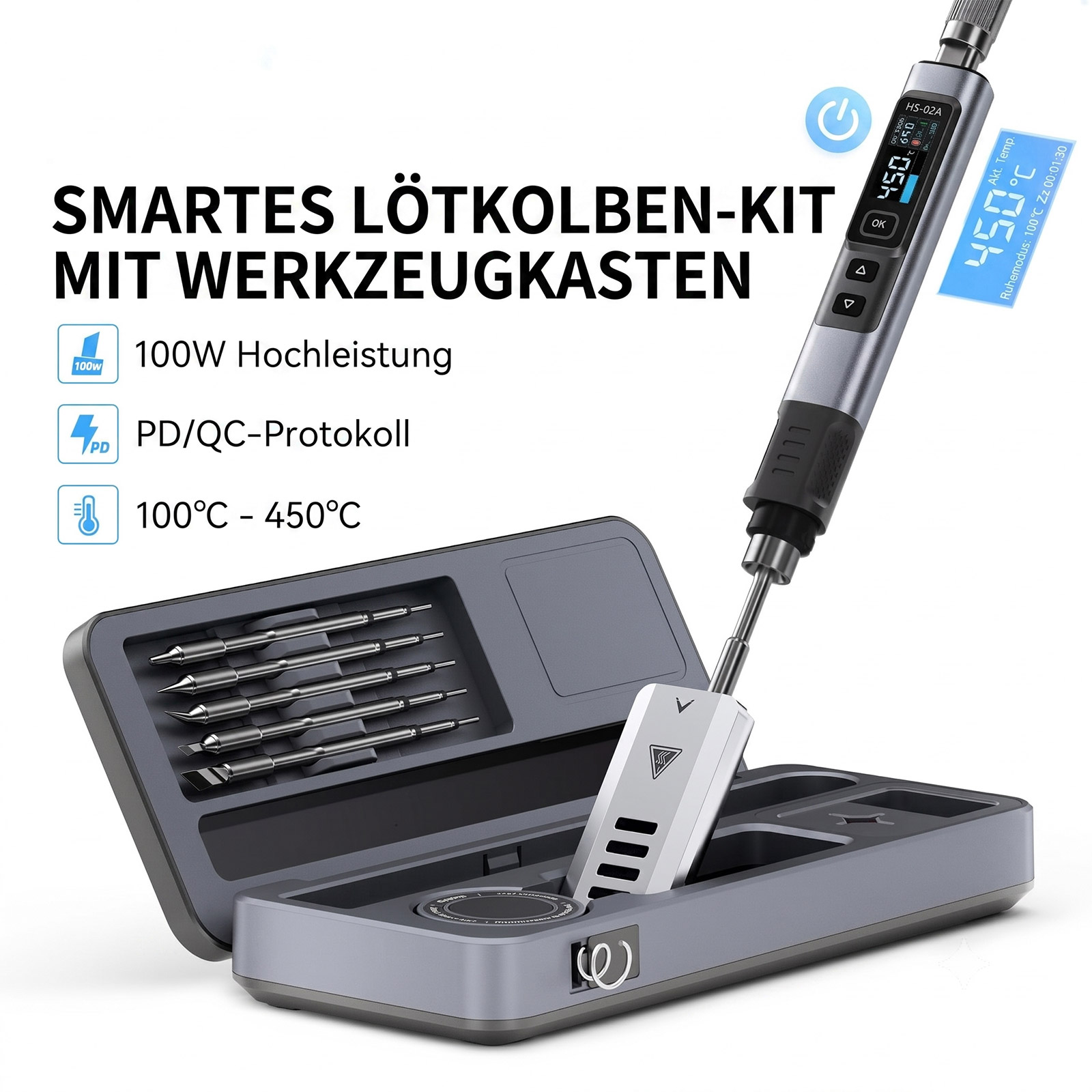 FNIRSI HS-02 Intelligenter Lötkolben mit OLED-Display Set mit Transportbox und 6 Lötspitzen