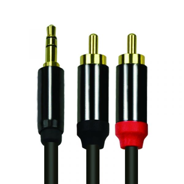 yourDroid 1m Audiokabel, 3,5mm Stereo Stecker auf 2 RCA-Stecker, Metallgehäuse, Vergoldet, Schwarz