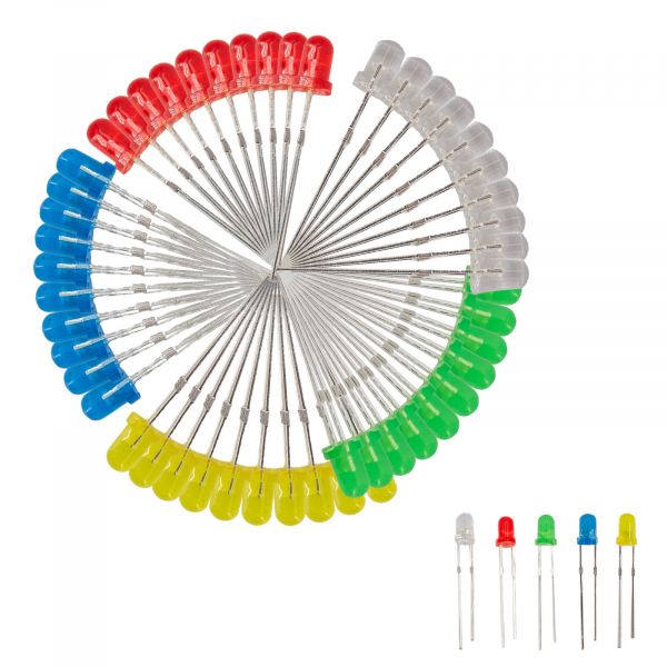 100 x Leuchtdiode LED 5mm - sortiert weiss, rot, gelb, blau, grün