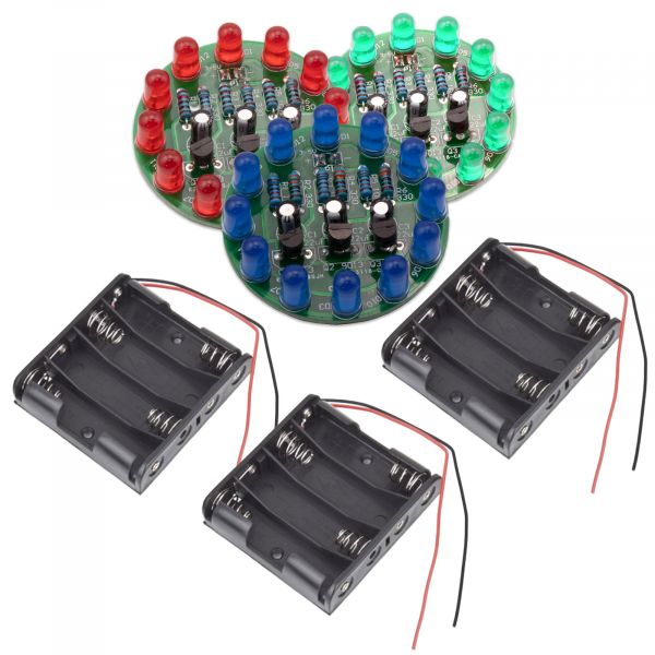3x Bausatz: LED-Lauflicht zum Löten (Farbenmix) mit Batteriehalter