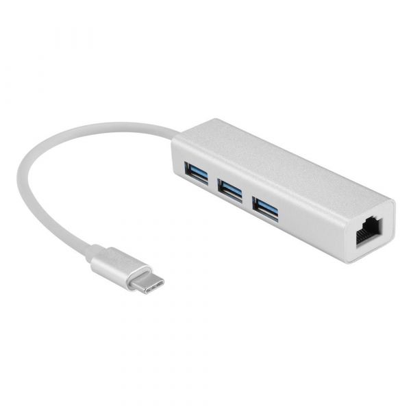 yourDroid USB Typ C auf LAN + HUB (3.0V) mit 3 Adapter, LAN 1000M (Gigabit), Vernickelt