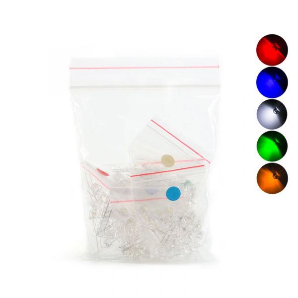 100x Leuchtdiode LED 5mm transparent - sortiert weiss,rot, gelb, blau, grün